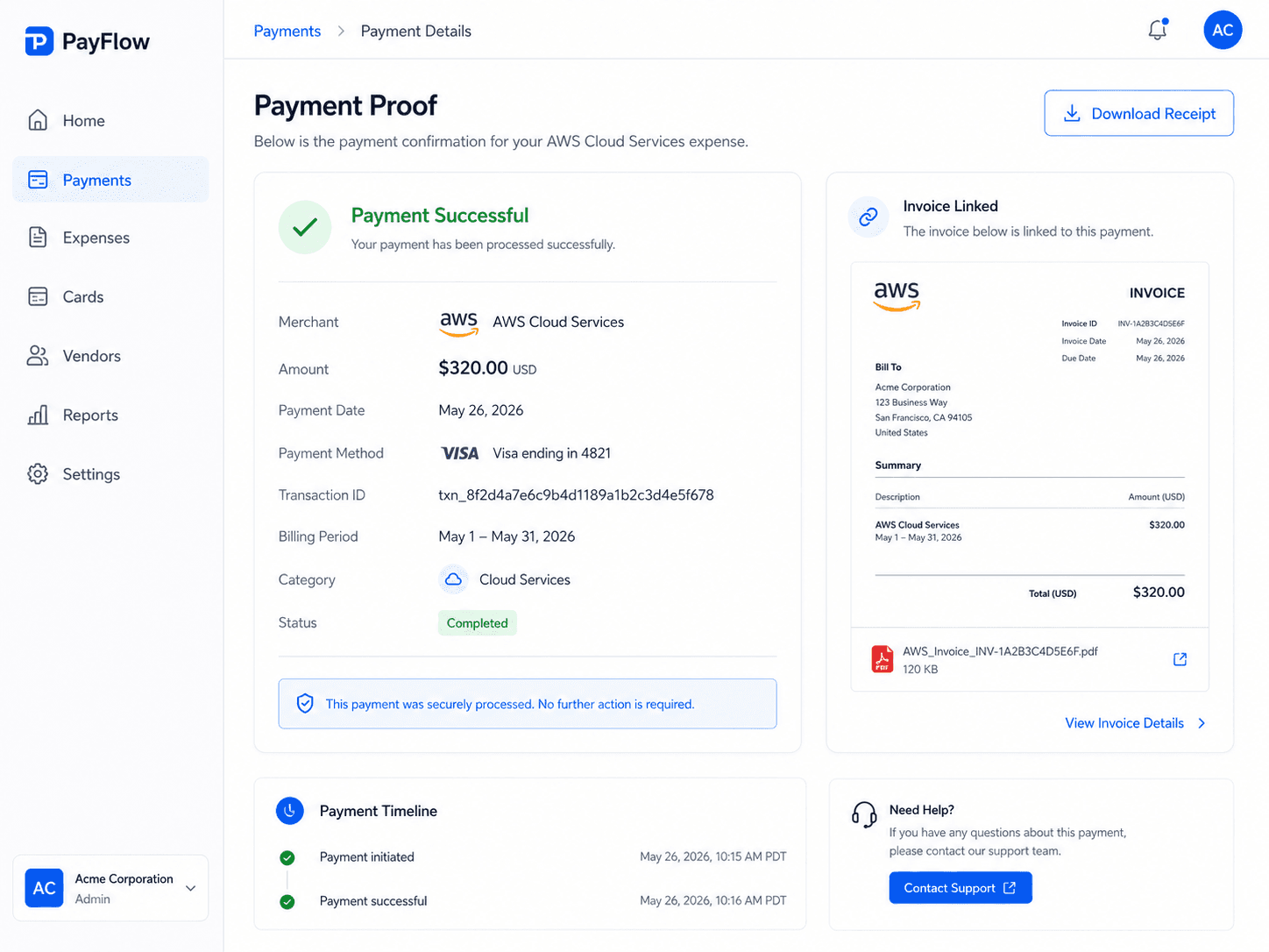 Payment receipt linked to the AWS transaction